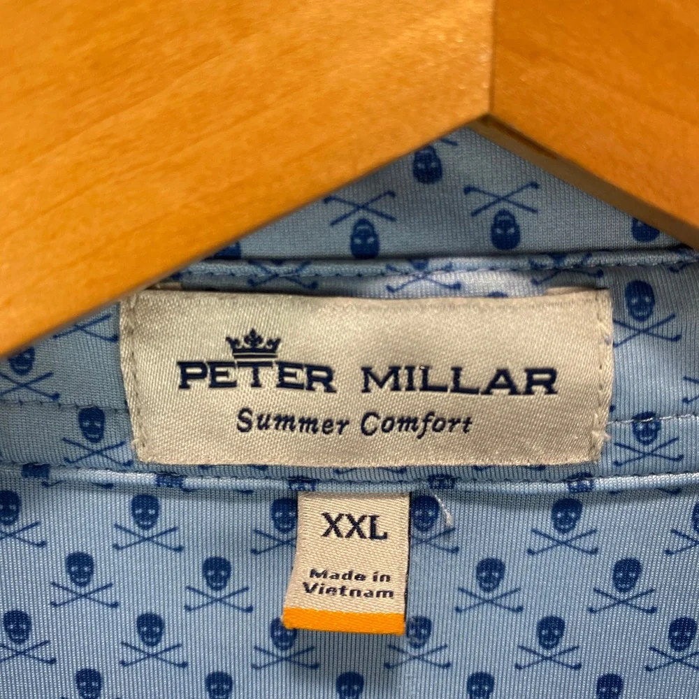 Peter Millar Summer Comfort Men XXL Blue Skull Crossbones Golf Polo Tiburon Logo